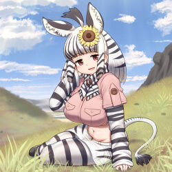 1girl animal_ears animal_print black_hair black_pantyhose black_scarf black_shoes black_skirt black_sleeves blue_sky blush brown_eyes brown_shirt cloud colored_skin crop_top extra_ears flower grass hair_flower hair_ornament hand_in_own_hair highres kemono_friends long_hair long_sleeves looking_at_viewer midriff mo23 mountain_zebra_(kemono_friends) multicolored_hair multicolored_skin navel open_mouth panties pantyhose pencil_skirt print_pantyhose print_scarf print_skirt print_sleeves scarf shirt shoes short_sleeves sidelocks sitting skirt sky smile solo sunflower sunflower_hair_ornament t-shirt two-tone_hair two-tone_pantyhose two-tone_scarf two-tone_skin two-tone_sleeves underwear white_hair white_panties white_scarf white_skirt white_sleeves yokozuwari zebra_ears zebra_girl zebra_print