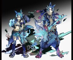 1boy 1girl animal_ears black_hair blue_boots blue_fire blue_hair blue_jacket blue_pants blue_shorts boots closed_mouth creature_and_personification fire flaming_hand gen_4_pokemon jacket kantarou_(8kan) long_sleeves looking_at_viewer lucario mega_lucario mega_pokemon midriff multicolored_hair nintendo pants personification pokedex_number pokemon red_eyes shorts standing thigh_boots two-tone_hair v-shaped_eyebrows
