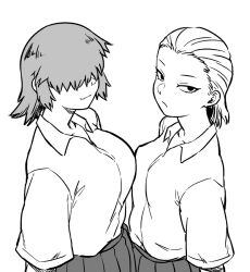 2girls black_hair breasts collared_shirt cowboy_shot greyscale hair_over_eyes large_breasts looking_at_viewer medium_breasts medium_hair monochrome multiple_girls original school_uniform shirt short_hair short_sleeves simple_background skirt smile tsukudani_(coke-buta) white_background