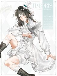 1girl bang_dream! bang_dream!_it&#039;s_mygo!!!!! black_boots black_shoes black_shorts blue_brooch boots character_name closed_mouth coat commentary feiyu30903448 garter_straps highres kneehighs long_sleeves looking_at_viewer medium_hair shoes shorts socks solo white_background white_coat white_socks yahata_umiri