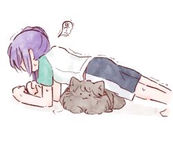 Rule 34 | . ., 1girl, :3, animalization, aqua sleeves, black shorts, cat, closed mouth, commentary request, foot out of frame, fujishima megumi, hair bun, highres, link! like! love live!, long hair, looking at viewer, love live!, mashikaku (ma4kaku10fu), official alternate costume, otomune kozue, planking, puff of air, purple hair, shirt, shorts, side ponytail, sidelocks, simple background, single side bun, speech bubble, sweat, translation request, trembling, two side up, virtual youtuber, white background, white shirt