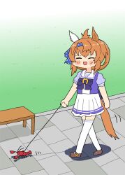 :d animal_ears ashitaba_tomorou bench blush chibi closed_eyes commentary_request crayfish ear_covers from_side full_body furioso_(umamusume) grass hair_ribbon holding holding_leash horse_ears horse_girl horse_tail horseshoe_ornament leash open_mouth orange_hair pet pet_walking ribbon school_uniform shadow shoes single_ear_cover sketch skirt smile tail tail_ornament tail_ribbon thighhighs tracen_school_uniform umamusume walking