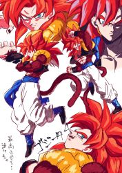 1boy black_footwear blue_eyes body_fur dragon_ball dragon_ball_gt fusion fusion_dance gogeta highres male_focus metamoran_vest monkey_boy monkey_tail multiple_views muscular muscular_male no_nipples pants red_fur red_hair relio_db318 spiked_hair super_saiyan super_saiyan_4 tail topless_male white_pants