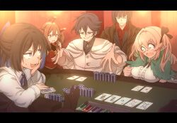 1other 2boys 3girls ahoge aroha_j black_cloak black_eyes black_hair black_shirt blonde_hair breast_rest breasts breasts_on_table brooch brown_hair card casino clenched_hand cloak commentary_request elbow_on_table elf evil_grin evil_smile fantasy green_cloak green_eyes grin hair_between_eyes hair_ribbon hand_on_own_face hand_on_table highres indoors jewelry large_breasts light_particles multiple_boys multiple_girls neck_ribbon nervous_sweating open_mouth out_of_frame outstretched_hand pixiv_fantasia pixiv_fantasia_scepter_of_zeraldia playing_card pointy_ears poker poker_chip poker_table pov pov_hands purple_eyes ribbon shirt short_hair shrugging sitting sitting_sideways smile smug standing sweat table upper_body vest wavy_mouth white_cloak white_vest