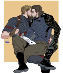 Rule 34 | 2boys, artist name, avengers: infinity war, avengers (series), baggy pants, beard, black boots, blonde hair, blue bodysuit, blue jacket, bodysuit, book, boots, border, brown gloves, brown hair, brown pants, bucky barnes, buttons, captain america, closed eyes, closed mouth, collared jacket, crayon, crossed arms, facial hair, fingerless gloves, fingernails, gloves, hair between eyes, heart, holding, holding crayon, jacket, karmaho, long sleeves, male focus, marvel, marvel cinematic universe, medium hair, multiple boys, open book, outside border, pants, prosthesis, prosthetic arm, short hair, simple background, sitting, smile, star (symbol), steve rogers, superhero costume, teeth, thigh strap, vertical-striped bodysuit, white border, yaoi, yellow background