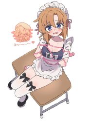 1girl apron arms_behind_back black_footwear blue_eyes blue_one-piece_swimsuit blush bound bound_arms breasts character_name cleavage collarbone desk forehead frilled_apron frills from_above hair_between_eyes hair_ribbon head_only highres higurashi_no_naku_koro_ni looking_at_viewer looking_up maid_apron maid_headdress medium_breasts medium_hair name_tag on_desk one-piece_swimsuit orange_hair parted_bangs pink_rope pnt_0202 restrained ribbon rope ryuuguu_rena school_swimsuit sidelocks simple_background sitting swimsuit thighhighs wavy_mouth white_apron white_background white_thighhighs