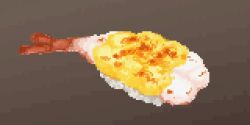 Rule 34 | brown background, cheese, fish (food), food, food focus, hisachan55cute, nigirizushi, no humans, original, pixel art, rice, shrimp, simple background, still life, sushi