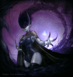1girl absurdres armband armor ashiok black_cape black_thighhighs breasts cape chainmail choker colored_skin commentary_request copyright_name covered_erect_nipples cowboy_shot darkness earrings faceless fingernails gem gender_request genderswap gradient_background grey_skin groin highres horns horror_(theme) jewelry lips long_fingernails magic:_the_gathering no_eyes no_nose ougushi_takaaki outstretched_arm pauldrons photo_background pink_sky red_gemstone school_swimsuit shoulder_armor sky small_breasts smile smoke spiral star_(sky) starry_sky swimsuit thighhighs