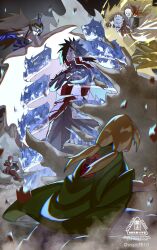 Rule 34 | 2girls, 4boys, a (naruto), attack, beard, black hair, blonde hair, clenched hand, closed mouth, cracked skin, crossed arms, dark-skinned male, dark skin, facial hair, gaara (naruto), gloves, goatee, gourd, green jacket, hair over one eye, highres, jacket, lightning, long hair, long sleeves, multiple boys, multiple girls, mustache, naruto (series), naruto shippuuden, old, old man, oonoki (naruto), open mouth, red hair, rinnegan, sand, short hair, sssiii7610, susanoo (naruto), terumi mei, tsunade (naruto), twintails, twitter username, uchiha madara, very long hair
