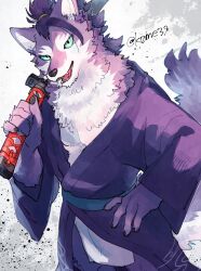 1boy aizawa_(nh_st) blue_eyes body_fur claws commentary_request cowboy_shot furry furry_male hand_on_own_hip highres holding holding_sword holding_weapon japanese_clothes katana kimono loincloth looking_at_viewer male_focus open_mouth original purple_fur purple_hair purple_kimono solo standing sword tail weapon wolf_boy