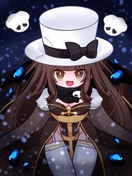 Rule 34 | 1girl, :d, arch bishop (ragnarok online), black bow, blue gemstone, blunt bangs, bow, breasts, brown dress, brown eyes, brown hair, cleavage, cleavage cutout, clothing cutout, commentary, cowboy shot, dress, fang, gem, hat, hat bow, highres, long hair, looking at viewer, medium breasts, no panties, open mouth, pelvic curtain, pochiko (poteko), ragnarok online, sash, sheet ghost, skin fang, smile, solo, symbol-only commentary, thighhighs, top hat, two-tone dress, very long hair, whisper (ragnarok online), white dress, white hat, white thighhighs, yellow sash