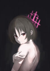 Rule 34 | 1girl, absurdres, back, bandaged arm, bandaged hand, bandages, barbell piercing, bare shoulders, black background, blue archive, brown eyes, brown hair, closed mouth, commentary, ear piercing, film grain, from side, halo, hand on own arm, highres, industrial piercing, inori 1208, looking at viewer, looking to the side, misaki (blue archive), nude, piercing, short hair, solo
