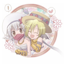 ! 2girls :d bat_wings bead_necklace beads black_wings blonde_hair brown_eyes brown_hat chest_sarashi closed_eyes commentary_request dated_commentary elbow_gloves fingerless_gloves gauntlets gloves grey_gloves grey_hair hat head_wings heart jewelry lowres mask mechanic_(ragnarok_online) mouth_mask multiple_girls necklace open_mouth ragnarok_online sarashi sharari short_hair smile spoken_exclamation_mark spoken_heart sura_(ragnarok_online) tam_(ragnarok_online) upper_body white_hat wings