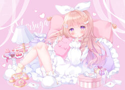 1girl antique_phone blue_bow blush bow box braid brown_hair candy commentary crescent crescent_hair_ornament curtains dessert dress envelope finger_sucking fluffy_legwear food full_body gift gift_box gradient_eyes hair_bow hair_ornament head_on_pillow heart holding holding_stuffed_toy knees_up lamp lollipop long_sleeves looking_at_viewer lying macaron multicolored_eyes multiple_hair_bows omochi_monaka on_back original pillow pink_background puffy_long_sleeves puffy_sleeves purple_eyes red_bow side_braid sign slippers socks solo stuffed_animal stuffed_rabbit stuffed_toy symbol-only_commentary white_dress white_slippers wing_hair_ornament yellow_eyes yellow_socks