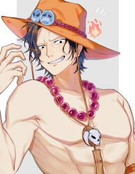1boy black_hair elbow_pads fire freckles gunjo_shizuko hat highres jewelry looking_at_viewer male_focus necklace one_piece orange_hat pearl_necklace portgas_d._ace short_hair single_elbow_pad smile solo topless_male twitter_username upper_body