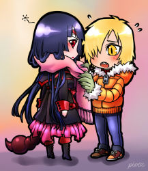 00s 1boy 1girl adiane blue_hair blush bow chibi coat eyepatch frills long_hair piote red_eyes scarf scorpion_tail tail tengen_toppa_gurren_lagann viral_(ttgl) yellow_eyes