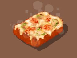 bell_pepper bread bread_slice brown_background cheese commentary crab food garlic_bread highres hisachan55cute no_humans original pixel_art scenery simple_background steaming_food toast