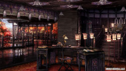 altar architecture autumn_leaves bamboo_screen bungou_to_alchemist ceiling_light day desk desk_lamp east_asian_architecture gazebo hanging_light indoors lamp leaf mirror multiple_torii no_humans official_art railing reflection reflective_floor reflective_water rug scenery scroll shide stained_glass stairs stool tassel torii tree