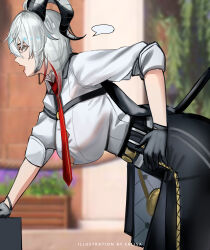 1girl absurdres artist_name black_gloves black_horns black_jacket black_pants black_tail blank_speech_bubble breasts chest_harness collared_shirt commentary cowboy_shot curled_horns english_commentary erlisa_takanashi from_behind gloves grey_hair hand_on_own_hip harness high-waist_pants highres horns jacket jacket_on_shoulders large_breasts leaning_forward long_hair looking_ahead multicolored_hair necktie open_mouth pants red_eyes red_necktie shirt shirt_tucked_in sleeves_rolled_up solo speech_bubble streaked_hair tail white_shirt wuthering_waves zani_(wuthering_waves)