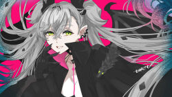 Rule 34 | 1girl, b maozi, black hands, black jacket, breasts, colored extremities, demon wings, fate/grand order, fate (series), green eyes, hand up, highres, horns, jacket, lilith (fate), lilith (second ascension) (fate), long hair, looking at viewer, pointy ears, smile, solo, twintails, upper body, wings