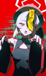 1girl absurdres black_dress black_hair black_nails black_sleeves blue_archive breasts commentary_request detached_sleeves dress grey_hair halo hat highres jiangshi kayoko_(blue_archive) looking_at_viewer multicolored_hair ofuda ofuda_on_head open_mouth qingdai_guanmao red_background red_eyes sleeveless sleeveless_dress small_breasts solo standing toriko_(honmono) two-tone_hair wide_sleeves