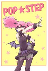 1girl black_gloves black_leotard black_skirt boots character_name demon_wings earrings eye_mask fake_wings fingerless_gloves gloves grey_pantyhose haneyama_kazuho highres jewelry leotard makijuu miniskirt open_mouth outstretched_arm pantyhose pink_eyes pink_hair skirt solo star_(symbol) thigh_boots twintails vigilante_-boku_no_hero_academia:_illegals- wings
