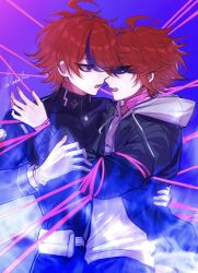 2boys ahoge blue_eyes eye_contact gloves hood hoodie hug jacket last_defense_academy_school_uniform looking_at_another messy_hair multicolored_eyes multicolored_hair multiple_boys open_mouth purple_background purple_hair red_eyes red_hair streaked_hair sumino_takumi teeth the_hundred_line_-last_defense_academy- upper_teeth_only white_gloves white_hoodie