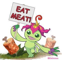 Rule 34 | absurdres, boned meat, digimon, digimon (creature), digimon world, english text, farm, flower, food, full body, highres, holding, holding sign, kakudrawmon, meat, palmon, plant monster, sharp teeth, sign, simple background, solo, teeth, twitter username, white background