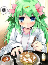:&lt; annoyed blue_eyes blush coffee cum cum_in_container cum_in_cup cum_on_food cup flower food fork gen_4_pokemon glaring green_hair hair_flower hair_ornament holding holding_fork jitome legendary_pokemon long_hair mythical_pokemon nintendo open_clothes pancake pancake_stack personification pokemon rakkogawa_rinro sexually_suggestive shaymin solo solo_focus squiggle table v-neck