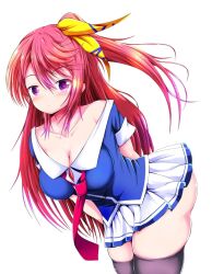 1girl arms_behind_back ass bare_shoulders bent_over blush breasts cleavage closed_mouth collarbone cowboy_shot hair_between_eyes hair_ribbon highres koucha_rakkyo large_breasts long_hair looking_at_viewer miniskirt one_side_up purple_eyes red_hair ribbon sabrina_(sabrina_to_muryoku_na_tamashii) sabrina_to_muryoku_na_tamashii school_uniform serafuku simple_background skirt solo standing thighhighs thighs very_long_hair white_background yellow_ribbon zettai_ryouiki