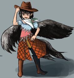 Rule 34 | 1girl, bandana, black hair, black wings, boots, brown eyes, brown skirt, commentary request, cowboy boots, cowboy hat, cowboy western, full body, grey background, hand on headwear, hand on own hip, hat, highres, horse girl, horse tail, kurokoma saki, looking at viewer, open mouth, pointy ears, ritsuzou, short hair, skirt, smile, solo, tail, touhou, white bandana, wings