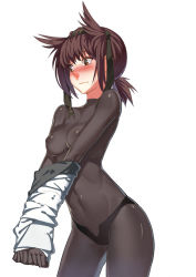 10s 1girl blush bodysuit breasts brown_eyes brown_hair club3 covered_erect_nipples covered_navel cowboy_shot female_focus hairband hatsuzuki_(kancolle) highres kantai_collection medium_breasts navel nose_blush ponytail short_hair short_ponytail simple_background skin_tight solo standing undressing white_background