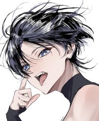 Rule 34 | 1boy, 5656hayururi, absurdres, akanbe, black bodysuit, black bridal gauntlets, black hair, blue eyes, bodysuit, bridal gauntlets, bright pupils, colored inner hair, dilated pupils, eyelid pull, eyeliner, eyeshadow, finger to eye, fingernails, genshin impact, highres, index finger raised, looking at viewer, makeup, male focus, multicolored hair, purple hair, red eyeliner, red eyeshadow, scaramouche (genshin impact), solo, streaked hair, teeth, tongue, tongue out, turtleneck, turtleneck bodysuit, upper teeth only, wanderer (genshin impact), white background, white hair, white pupils