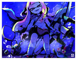 1girl agent_3_(splatoon_3) bandaged_arm bandaged_leg bandages bandaid bandaid_on_face black_choker black_eyes black_nails black_shorts border bow_(weapon) bracelet braid bright_pupils canteen cape choker colored_tongue commentary_request earrings eyebrow_cut fangs floating_cape highres holding holding_bow_(weapon) holding_weapon hood hood_up hooded_cape inkling jewelry keijou_(cave) long_hair looking_at_viewer multiple_earrings nintendo open_mouth pink_hair pointy_ears purple_cape purple_tongue salmonid shirt short_sleeves shorts single_braid smallfry_(splatoon) smile solo splatoon_(series) splatoon_3 t-shirt tentacle_hair tied_shirt tri-stringer_(splatoon) weapon white_border white_pupils white_shirt