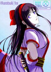 1girl ainu_clothes arm_behind_back artist_name fingerless_gloves gloves hair_ribbon hand_on_own_hip highres long_hair nakoruru pink_lips purple_eyes purple_hair ribbon samurai_spirits snk solo the_king_of_fighters weapon