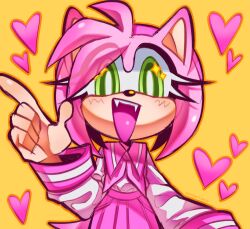 1girl alternate_costume amy_rose animal_ears animal_nose commentary english_commentary eyelashes fangs furry furry_female green_eyes hairband heart hedgehog_girl looking_at_viewer open_mouth pink_fur pink_skirt pontiikii school_uniform serafuku shirt simple_background skirt smile solo sonic_(series) upper_body white_shirt yellow_background