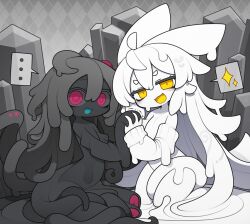 ... 2girls :3 ahoge argyle_background bags_under_eyes black_hair black_skin colored_sclera colored_skin commentary_request crystal deformed detached_sleeves dorodra_(kisaragi_kaya) dripping flat_chest full_body grey_background grey_sclera holding_hands interlocked_fingers jitome kisaragi_kaya li-li_(kisaragi_kaya) long_hair looking_at_viewer monster_girl multiple_girls open_mouth original red_eyes slime_girl slit_pupils smile spoken_ellipsis spoken_sparkle tentacle_hair tentacles thick_eyebrows very_long_hair white_hair white_skin yellow_eyes