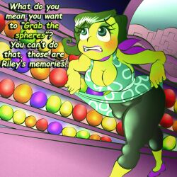 breasts cleavage clothes_lift colored_skin commentary confused disgust_(inside_out) dress english_commentary green_dress green_eyes green_hair green_skin highres inside_out large_breasts leanderart64 pantyhose pink_lips self-upload skirt skirt_lift thick_thighs thighs