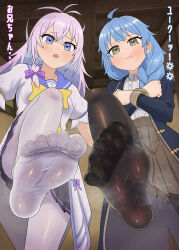 2girls a_rank_party_o_ridatsu_shita_ore_wa_moto_oshiego-tachi_to_meikyuu_shinbu_o_mezasu absurdres blue_eyes blue_hair blush feet highres long_hair looking_at_viewer multiple_girls niberune_(aparida) open_mouth pantyhose pink_hair pout rain_(aparida) soles steam toes translated urin_(littleurin) white_pantyhose