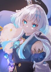 1girl absurdres black_background blue_dress blue_eyes blue_hair breasts cape cerydra_(honkai:_star_rail) crown detached_sleeves dress fishmaru fur-trimmed_cape fur_trim hair_intakes hashtag-only_commentary highres honkai:_star_rail honkai_(series) long_hair looking_at_viewer medium_breasts mini_crown simple_background solo upper_body
