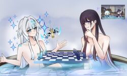 Rule 34 | 2girls, bishop (chess), black hair, blue eyes, board game, cerydra (honkai: star rail), chess, chess piece, choikfu, collarbone, colored inner hair, commentary, grin, hair censor, highres, honkai: star rail, honkai (series), hysilens (honkai: star rail), king (chess), knight (chess), long hair, multicolored hair, multiple girls, nude, pawn (chess), queen (chess), rook (chess), smile, sparkle, very long hair, white hair