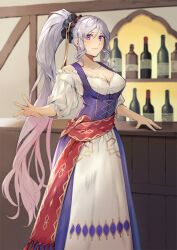 1girl alcohol bottle commission commissioner_upload dress fire_emblem fire_emblem:_genealogy_of_the_holy_war german_clothes hair_ornament highres ishtar_(fire_emblem) long_hair nakaga_eri nintendo oktoberfest ponytail purple_dress purple_eyes red_sash sash scarf skeb_commission very_long_hair