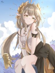 1girl 1other arknights blue_sky brown_hair closed_mouth cloud dated doctor_(arknights) elf highres laurels long_hair mole mole_under_eye muelsyse_(arknights) muelsyse_(golden_reverie)_(arknights) outdoors pointy_ears sky smile very_long_hair yellow_eyes zerosama_(sailuojiang)
