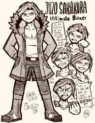 2boys absurdres belt boots character_name clenched_hand clenched_teeth closed_mouth commentary danganronpa_(series) danganronpa_3_(anime) dated doodle_inset english_commentary english_text full_body greyscale grin hatching_(texture) highres jacket josh-s26 male_focus monochrome multiple_boys multiple_views munakata_kyousuke open_clothes open_jacket open_mouth pants sakakura_juuzou shirt short_hair signature simple_background smile speech_bubble standing teeth upper_teeth_only v-shaped_eyebrows veins white_background