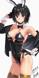 1girl adapted_costume amagami animal_ears black_bow black_bowtie black_eyes black_gloves black_hair black_jacket black_leotard black_sailor_collar blazer bow bowtie breasts cat_charm closed_mouth collar collarbone covered_navel dated detached_collar fake_animal_ears fake_tail fishnet_thighhighs fishnets gloves groin hand_on_own_hip hand_up highleg highleg_leotard highres jacket kibito_high_school_uniform leotard leotard_under_clothes long_sleeves looking_at_viewer medium_breasts nanasaki_ai open_clothes open_jacket playboy_bunny rabbit_ears rabbit_tail sailor_collar school_uniform short_hair signature simple_background single_bare_shoulder single_off_shoulder solo standing strapless strapless_leotard tail thighhighs traditional_bowtie white_background white_collar white_wrist_cuffs wrist_cuffs yoo_tenchi