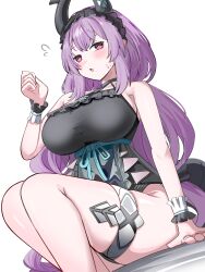 Rule 34 | 1girl, absurdres, arknights, arm support, bare shoulders, black one-piece swimsuit, blush, breasts, commentary, feet out of frame, flying sweatdrops, frilled one-piece swimsuit, frills, hand up, highres, large breasts, looking at viewer, one-piece swimsuit, parted lips, purple hair, red eyes, simple background, sitting, solo, spam (spamham4506), sweat, swimsuit, typhon (arknights), typhon (temperature difference) (arknights), white background, wrist cuffs