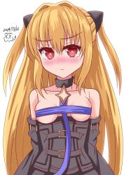 1girl :c azur_lane bare_shoulders black_choker black_dress black_sleeves blonde_hair blush breast_strap breasts choker closed_mouth collarbone dated detached_sleeves dot_zip dress embarrassed highres konjiki_no_yami long_hair looking_at_viewer red_eyes signature skindentation small_breasts solo to_love-ru to_love-ru_darkness two_side_up upper_body very_long_hair