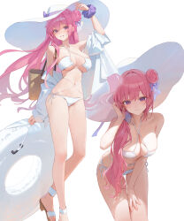 1girl bare_shoulders bikini blush braid breasts brown_bag brown_sandals cleavage closed_mouth collarbone commentary criss-cross_halter dorothy_(nikke) goddess_of_victory:_nikke grin hair_bun hair_ornament hair_ribbon hair_scrunchie halterneck hat highres large_breasts long_hair multiple_views navel open_clothes open_shirt pink_eyes pink_hair purple_ribbon purple_scrunchie ribbon sandals scrunchie shirt side-tie_bikini_bottom simple_background single_side_bun smile solo_focus stomach sun_hat swimsuit thighs white_background white_bikini white_hat white_innertube white_ribbon white_shirt wrist_scrunchie xi_xeong