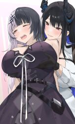 1girl absurdres belt black_belt black_dress black_flower black_gloves black_hair black_horns blue_hair breasts byeon_dha chest_strap cleavage collared_shirt colored_inner_hair dress flower gloves grabbing_another&#039;s_breast grey_hair groping hair_ornament highres hololive hololive_english horn_flower horns large_breasts long_hair multicolored_hair nerissa_ravencroft nerissa_ravencroft_(1st_costume) one_eye_closed open_mouth red_eyes ribbon shiori_novella shiori_novella_(1st_costume) shirt split-color_hair strap_gap virtual_youtuber white_ribbon white_shirt yellow_eyes yuri