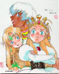 Rule 34 | 1998, 3girls, armlet, armor, belt, belt around waist, bikini, black belt, black corset, blonde hair, blunt ends, blush, blush stickers, brown cape, capcom, cape, circlet, collared dress, company name, copyright notice, corset, crescent, crossed arms, crown, cyberbots, dark-skinned female, dark skin, dated, devilot de deathsatan ix, dress, dungeons &amp; dragons, dungeons &amp; dragons: chronicles of mystara, earrings, elena (street fighter), empire waist, fingernails, forehead jewel, frown, gem, gold crown, gold tiara, green gemstone, green sleeves, grey gemstone, hair behind ear, hair intakes, headpiece, highres, jeweled crown, jewelry, juliet sleeves, long sleeves, lucia (chronicles of mystara), medium request, multiple girls, neck ring, nishimura kinu, nose, o-ring, o-ring belt, official art, open mouth, parted bangs, pauldrons, pink gemstone, pink lips, pointy ears, princess, profile, puffy sleeves, raised eyebrow, red gemstone, second-party source, short hair, shoulder armor, signature, skull ornament, slit pupils, stamp mark, star ornament, street fighter, street fighter iii (series), swimsuit, teeth, traditional media, turtleneck, turtleneck dress, upper teeth only, watermark, watermark grid, white bikini, white dress, white hair, white sleeves, yellow trim